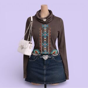 Roper Western Brown Embroidered Turtleneck Top 1X Southwestern Boho Stretch